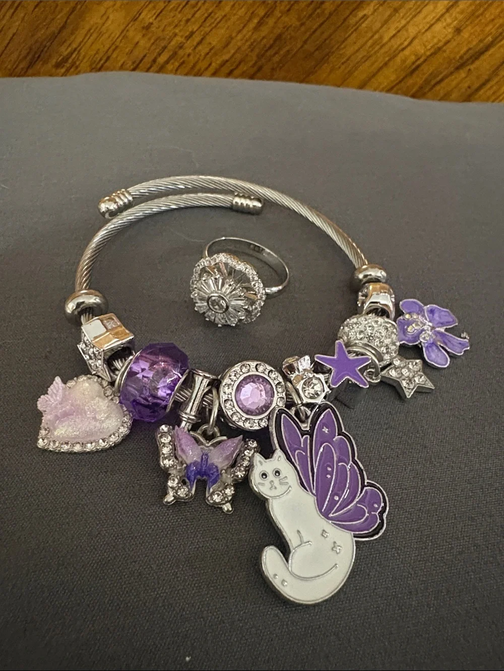 Purple Cat Wing Charm Bracelet and Ring set- Women's Jewelry